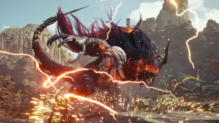 4K Ultra HD PC desktop wallpaper of a horned, flaming beast lunging through lightning in a rocky valley — a video game scene from Final Fantasy VII Revelation.