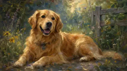 Golden retriever reclining in a sunlit garden, painterly texture — 4K Ultra HD PC desktop wallpaper and background.