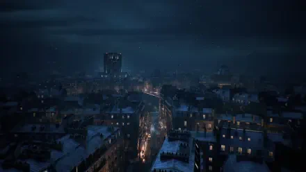 Resident Evil Veronica 4K Ultra HD PC desktop wallpaper — snowy, moonlit gothic cityscape with glowing streets and an ominous tower under a stormy night sky.