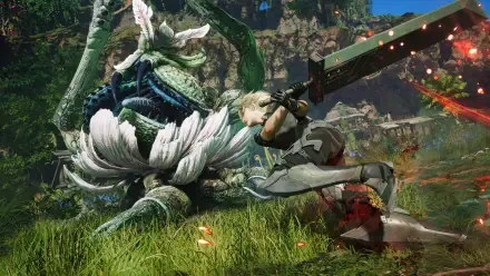 4K Ultra HD PC desktop wallpaper of the video game Final Fantasy VII Revelation: protagonist swings a massive sword at a towering plant-like monster across a vibrant, grassy battlefield.