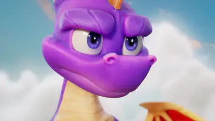 Close-up of Spyro's determined purple dragon face against cloudy sky — video game Spyro: A Realm Beyond 4K Ultra HD PC desktop wallpaper/background.