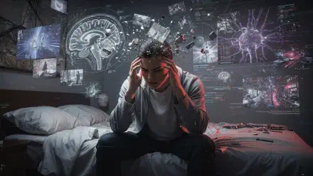 Frustrated man clutching his head on a bed, surrounded by shattered holographic brain scans and flickering screens in a dark, moody scene — 4K Ultra HD PC desktop wallpaper background.