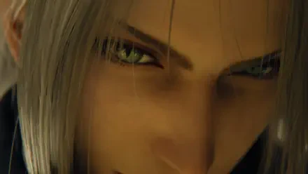 Close-up of Sephiroth's piercing green eyes and silver hair from Final Fantasy VII Revelation, video game 4K Ultra HD PC desktop wallpaper/background.