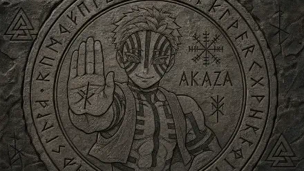 4K Ultra HD PC desktop wallpaper background: stone-carved circular relief of Akaza (Demon Slayer: Kimetsu no Yaiba), raised hand, facial stripes, engraved name and surrounding runes.