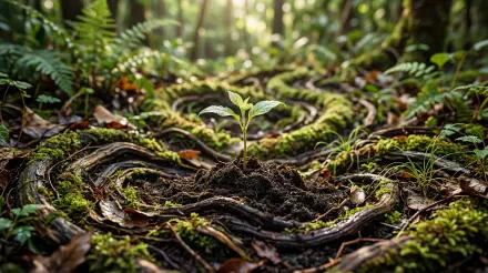5K Ultra HD PC desktop wallpaper and background: close-up of a young seedling sprouting from dark soil amid moss-covered roots on a sunlit forest floor.