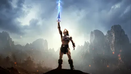 Armored hero raises a lightning-charged sword to a stormy sky atop a rocky peak — Masters of the Universe (2026) movie 4K Ultra HD PC desktop wallpaper/background.