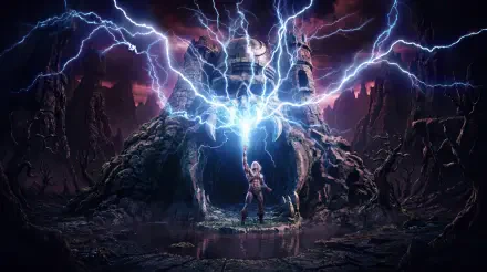 He-Man raises his sword as lightning erupts from Castle Grayskull, Masters of the Universe 2K Quad HD PC desktop wallpaper.