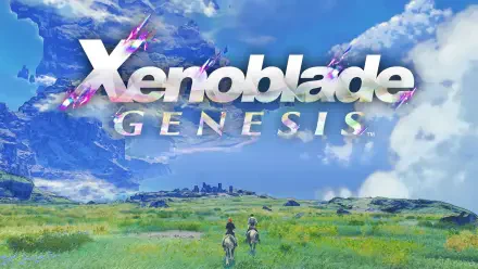 HD PC desktop wallpaper for video game Xenoblade Genesis: two characters walk across sunlit grassy plains toward a distant city beneath a vast blue sky and the game's metallic logo.