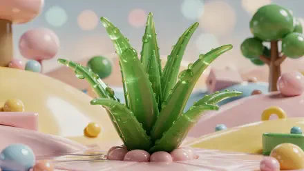 Glossy aloe vera plant with water droplets against pastel bokeh hills, rendered as a 4K Ultra HD PC desktop wallpaper and background.