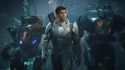 Exodus (2027) video game 4K Ultra HD PC wallpaper: three armored figures — a central soldier flanked by two heavy exo-suits in a blue, icy, bioluminescent cavern.