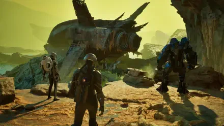 Exodus (2027 video game) 4K Ultra HD PC desktop wallpaper and background: three armored explorers survey a crashed ship on a rocky, green-lit alien shoreline.