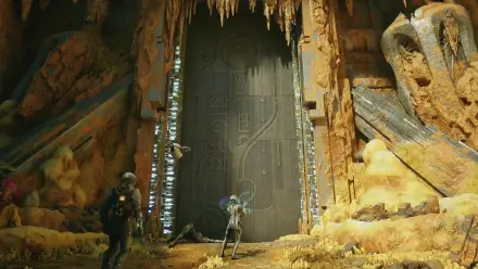 HD PC desktop wallpaper for video game Exodus (2027 Video Game): two armored explorers face a colossal sci‑fi door inside a glowing crystal-filled cavern.