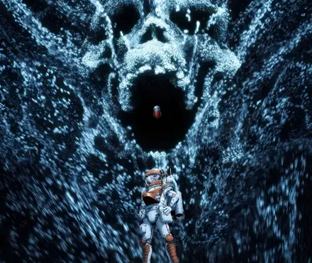Anime HD PC desktop wallpaper/background: Dr. Stone's Senku Ishigami in a white suit stands in a glowing rocky cavern beneath a swirling black void with a single red capsule.