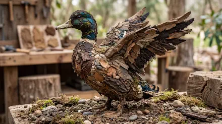 5K Ultra HD PC desktop wallpaper/background: detailed mallard sculpture crafted from bark and wood chips, wings lifted on a mossy forest floor with blurred trees behind.