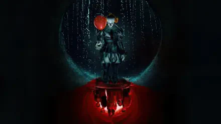 4K Ultra HD PC desktop wallpaper and background — It: Welcome to Derry: menacing clown holding red balloons in a dripping sewer arch, mirrored by a glowing red inverted reflection below.