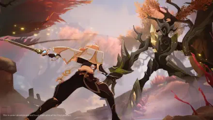 HD PC desktop wallpaper/background of the video game Genshin Impact: Luna VIII lunges with a polearm at a towering tree-like enemy amid fiery autumn ruins.