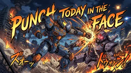 5K Ultra HD PC desktop wallpaper of two armored mechs trading a fiery blow, comic-style explosions and the bold slogan PUNCH TODAY IN THE FACE across the scene.