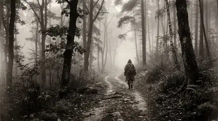 Misty forest trail with a solitary hooded figure on a winding path, atmospheric monochrome scene — 5K Ultra HD PC desktop wallpaper and background.