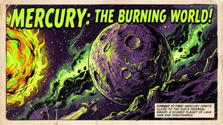 5K Ultra HD PC desktop wallpaper and background — comic-style Mercury (Planet), The Burning World: cracked purple-green surface beside a fiery sun and neon space debris.