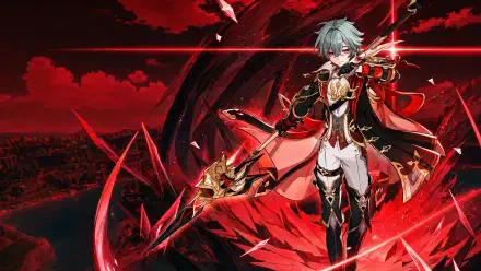 Lohen (Genshin Impact) wielding a red polearm amid swirling crimson energy, 4K Ultra HD PC desktop wallpaper and background