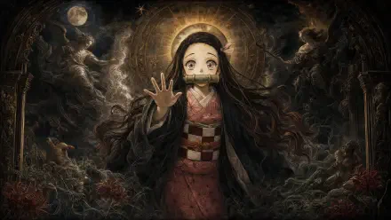 Nezuko Kamado reaching out with bamboo muzzle, flowing hair and kimono against a moonlit, ornate dark backdrop — 4K Ultra HD PC desktop wallpaper and background.