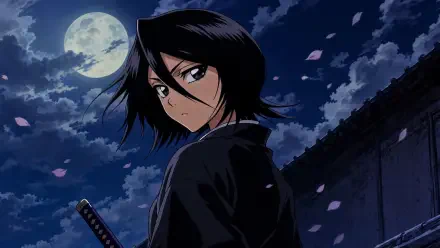 4K Ultra HD PC wallpaper of Rukia Kuchiki under a full moon, katana at her side, cherry blossoms drifting past a stone wall against a cloudy night sky.