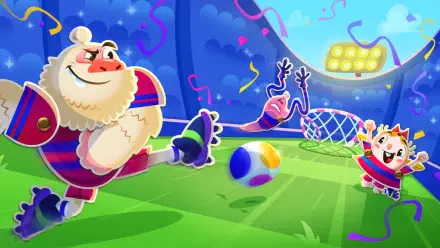 Video game Candy Crush Saga 2K Quad HD PC desktop wallpaper showing cheerful candy characters playing soccer in a colorful stadium with confetti under a moonlit sky.