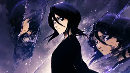 Rukia Kuchiki anime portrait with three mirrored profiles against a purple-blue cosmic backdrop — 4K Ultra HD PC desktop wallpaper and background.