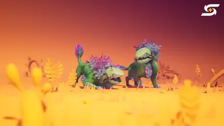 4K Ultra HD PC wallpaper/background from the video game Starseeker: Astroneer Expeditions showing two colorful, plant-covered alien creatures roaming an orange, otherworldly field.