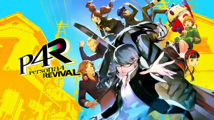 Vibrant 4K Ultra HD PC wallpaper of the video game Persona 4 Revival (P4R): protagonist and friends in dynamic poses with a stylized city backdrop.