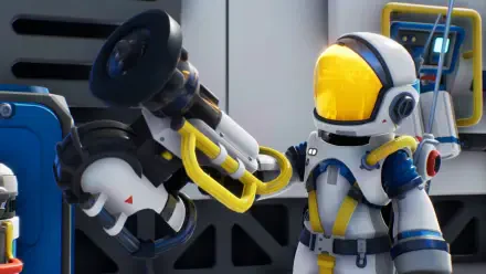 HD PC desktop wallpaper from the video game Starseeker: Astroneer Expeditions showing an astronaut in a white-yellow spacesuit inspecting a robotic arm inside a futuristic base.