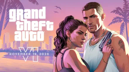 HD PC desktop wallpaper for the video game Grand Theft Auto VI: two characters embrace on a neon sunset beach with palms, city skyline and the GTA VI logo (November 19, 2026).