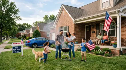 The American Dream — 5K Ultra HD PC Desktop Wallpaper and Background: multigenerational family grilling on a suburban lawn, kids waving American flags, 'Sold' sign and neighbors on porch.