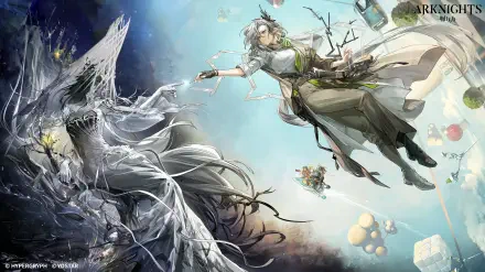 5K Ultra HD PC desktop wallpaper of Arknights video game: an airborne operator in flowing robes reaches toward a colossal frozen creature amid sky islands and drifting debris.