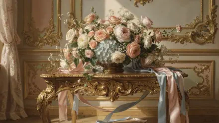 Wedding bouquet of blush roses and blue hydrangeas on an ornate gilded table with pastel ribbons, 4K Ultra HD PC desktop wallpaper and background.