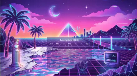 Synthwave 5K Ultra HD PC desktop wallpaper and background with neon grid, palm trees, glowing pyramid, crescent moon and city skyline, overlaid November 2026 calendar.
