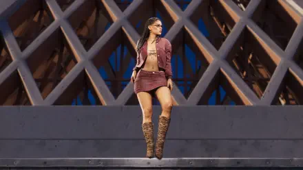 4K Ultra HD PC desktop wallpaper for the video game Grand Theft Auto VI: a stylish female character in a cropped jacket and mini skirt sits on steps against a geometric backdrop.