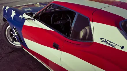 4K Ultra HD PC wallpaper from the video game Grand Theft Auto VI: close side view of a muscle car painted in an American flag livery, open window revealing the interior.