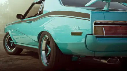 Rear three-quarter view of a teal classic muscle car from Grand Theft Auto VI, cinematic 4K Ultra HD video game scene, PC desktop wallpaper/background
