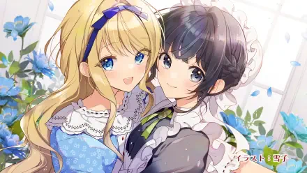 HD PC desktop wallpaper: Luciana Rutleberg (Melody Wave) and a blonde companion from Heroine? Saint? No I’m an All-Works Maid (And Proud of It)! smiling together as maids in a sunlit room.