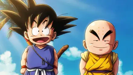 HD PC desktop wallpaper and background of Dragon Ball anime: kid Goku and Krillin smiling together against a bright blue sky.