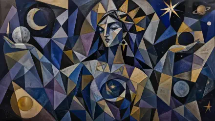 Abstract geometric cosmic goddess in blues, purples and golds, framed by moons, stars and planets — 4K Ultra HD PC desktop wallpaper and background.