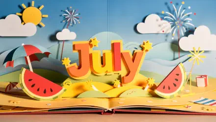 July 4K Ultra HD PC desktop wallpaper and background: bright pop-up book scene with bold July letters, sun, clouds, fireworks, waves and watermelon slices.