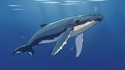 Illustrated humpback whale gliding beneath sunlit water with bubbles — 4K Ultra HD PC desktop wallpaper and background.