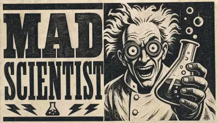 Retro mad scientist illustration holding a bubbling flask, bold 'MAD SCIENTIST' typography — 4K Ultra HD PC desktop wallpaper and background.