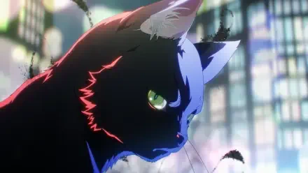 Anime HD desktop wallpaper of Ragou (Black Torch): a black cat-like figure with neon red-blue highlights and a green eye against a blurred city background.