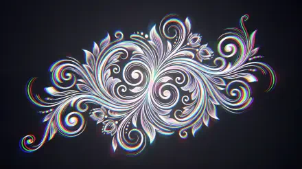 Iridescent artistic vector flourish of swirling filigree and leaves on a dark backdrop — ornate chromatic swirls, 5K Ultra HD PC desktop wallpaper and background.