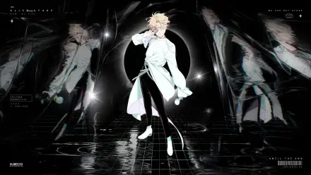Alien Stage — blond figure in a white coat on a reflective black stage with an eclipse and sci-fi lights; 4K Ultra HD PC desktop wallpaper and background.