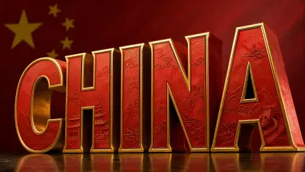 4K Ultra HD PC desktop wallpaper: bold 3D gold-edged red letters spelling CHINA with subtle map texture and a faded Chinese flag backdrop.