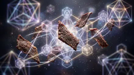 Beef jerky pieces float through a cosmic starfield with glowing geometric wireframe cubes and hexagons — 5K Ultra HD PC desktop wallpaper/background.